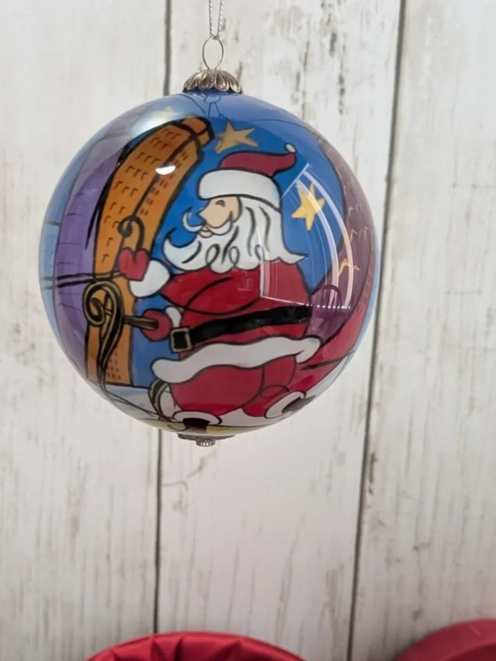 Pier 1 2006 Li Bien Glass Christmas Ornament Santa Skyline Reverse Painted